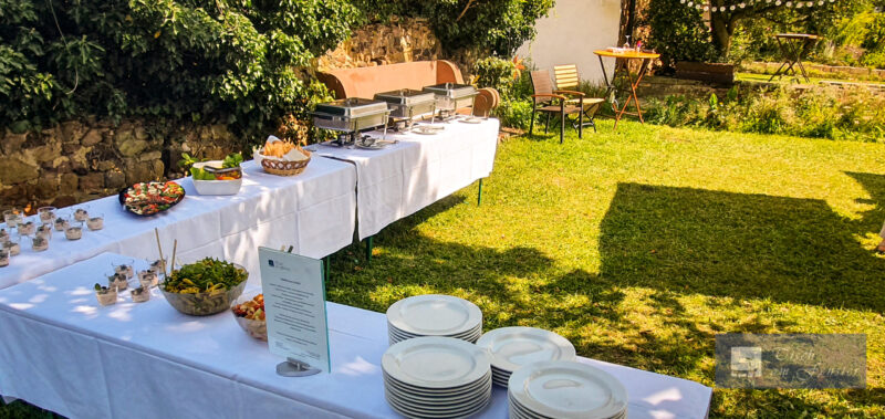 Elterlicher Garten mit Buffet-Tisch im Freien, ideal für Gartenfeiern und entspannte Treffen.